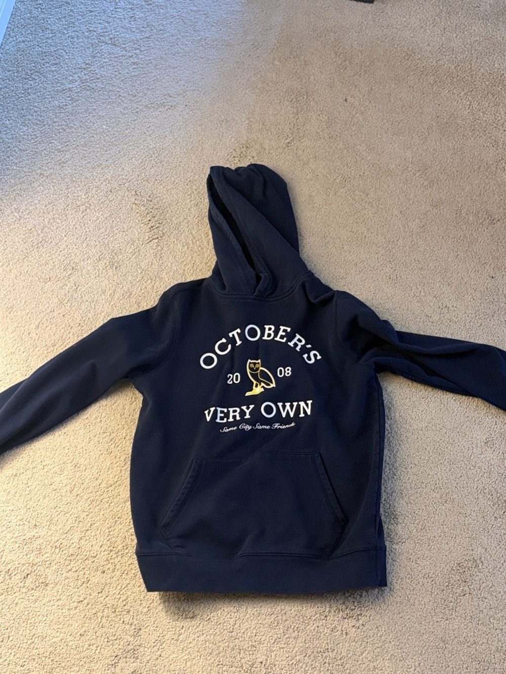 October's Very Own Navy Pullover Hoodie with White and Gold Logo